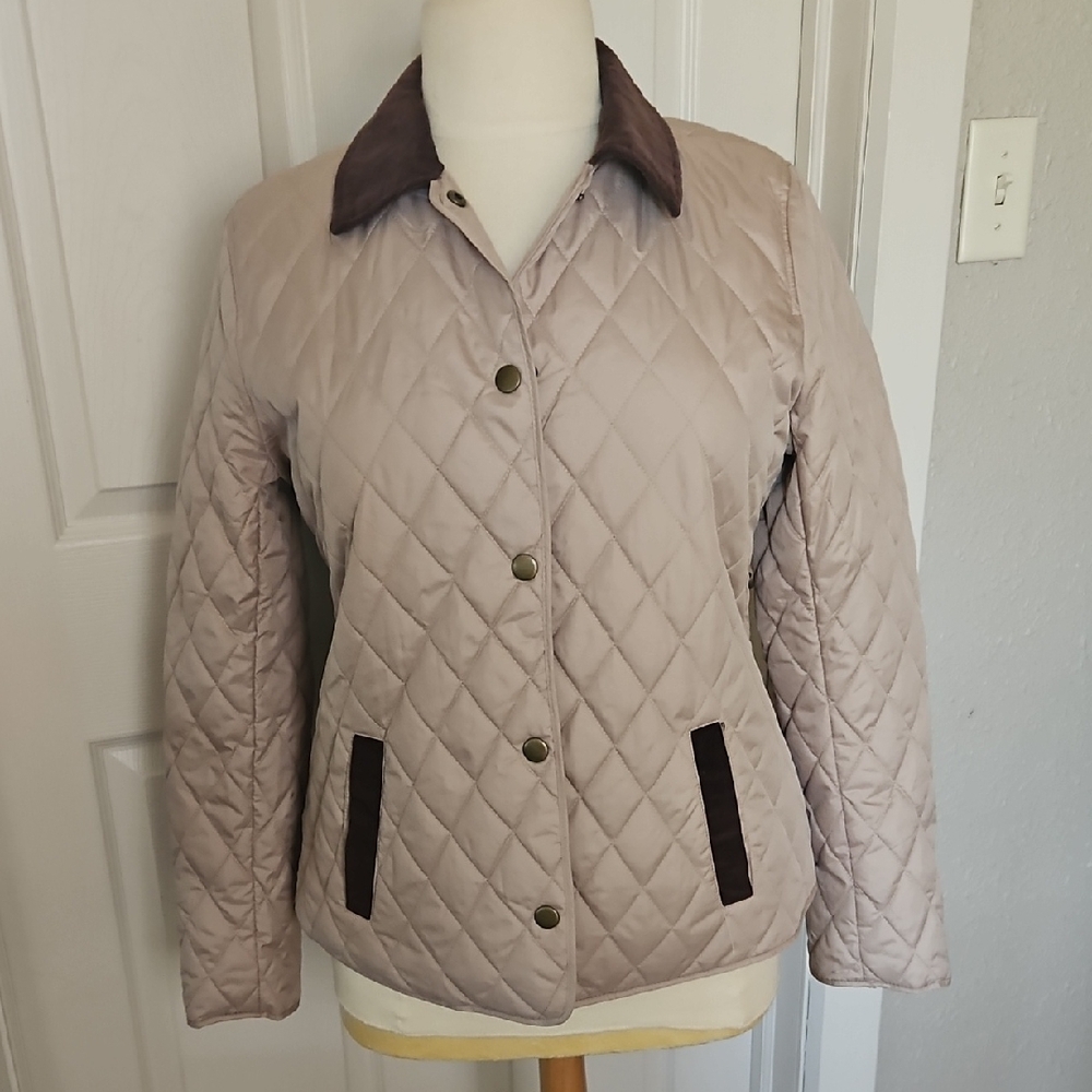 Laura Scott Quilted Light Beige Jacket with Corduroy Brown Trim